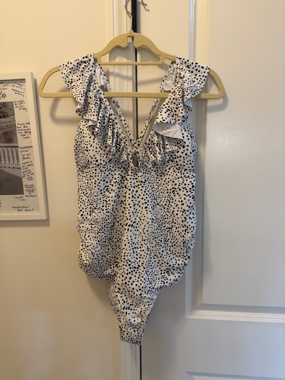 White and Black Polka Dot Ruffle One-Piece Swimsuit